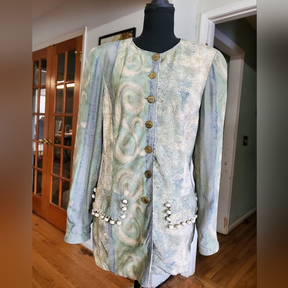 Dorothy Schoelen Platinum Jacket Small Silk Blend Vintage Abstract Art Blazer - Picture 5 of 10